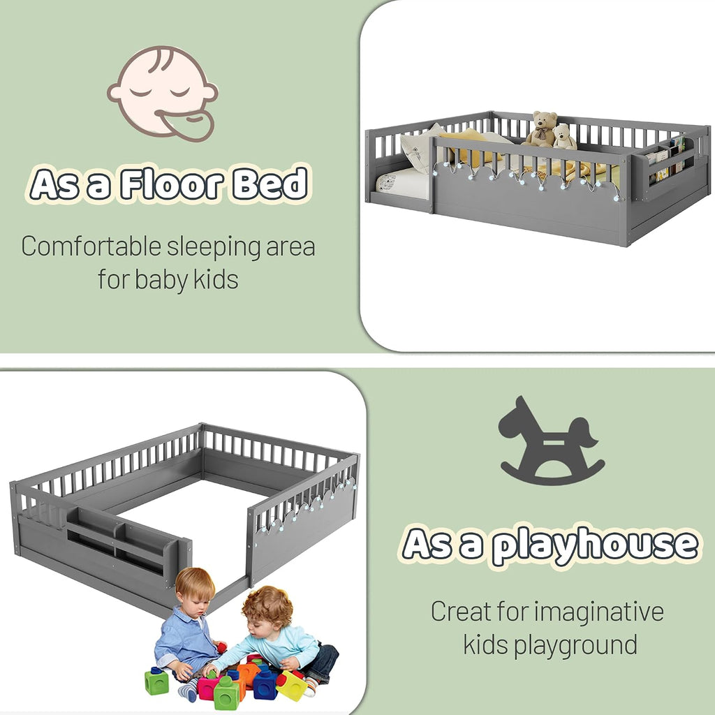 Montessori Floor Bed with High Rails,Full Size Floor Bed Frame for Kids, LED Lights & Storage Shelf, Safe & Wider Opening Gate Design, Playground & Sleep Space for Girls Boys,Grey