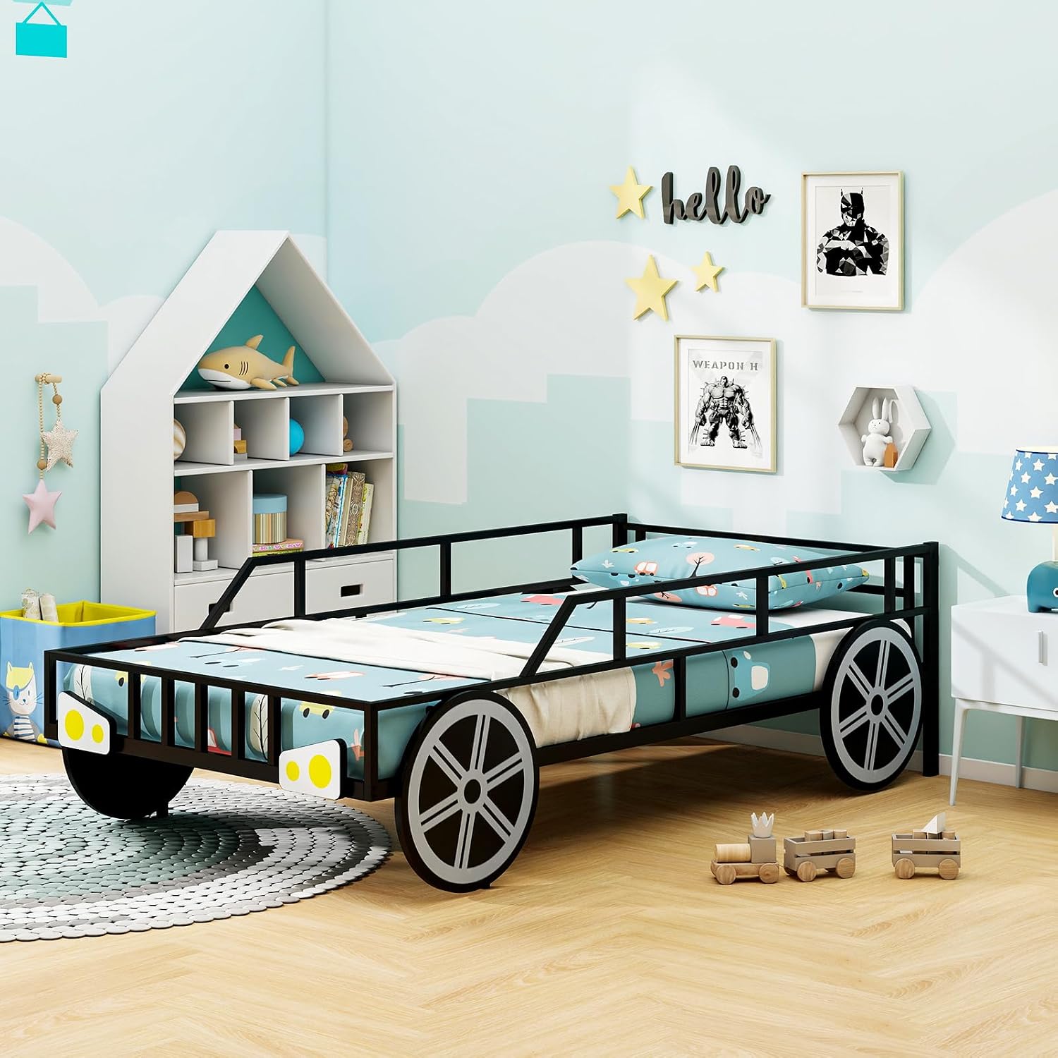 Costzon Twin Bed Frames for Kids, Car-Shaped Metal Bed with Wheels Decorations, Safety Guardrails, No Box Spring Needed, Fits Standard Twin Mattress (Mattress Not Included), Twin Bed for Boys Girls