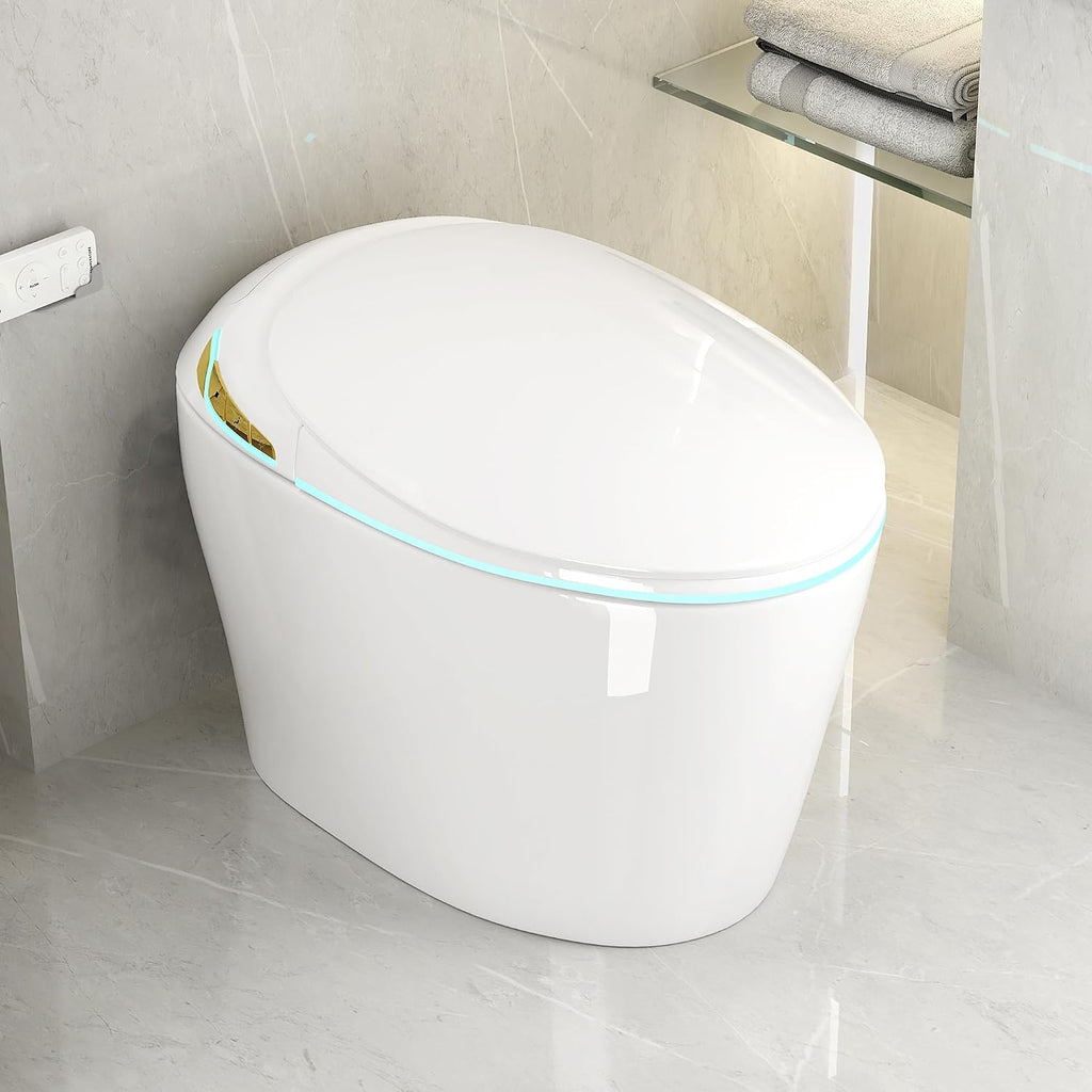 Smart Toilet, Electric Tankless Toilet with Bidet Built in & Dryer, Auto Open/Close, Instant Warm Water, Elongated Heated Seat, Auto Flush (White, Oval Egg Shaped)