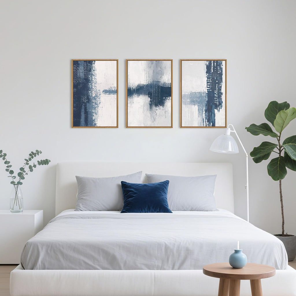 Celestdeco Large Abstract Navy Blue Grey Framed Canvas Wall Art Set,Modern Minimalist Wall Decor,Neutral Brush Stroke Artwork for Living Room,Bedroom,Dining Room,Office-24 x36 x3