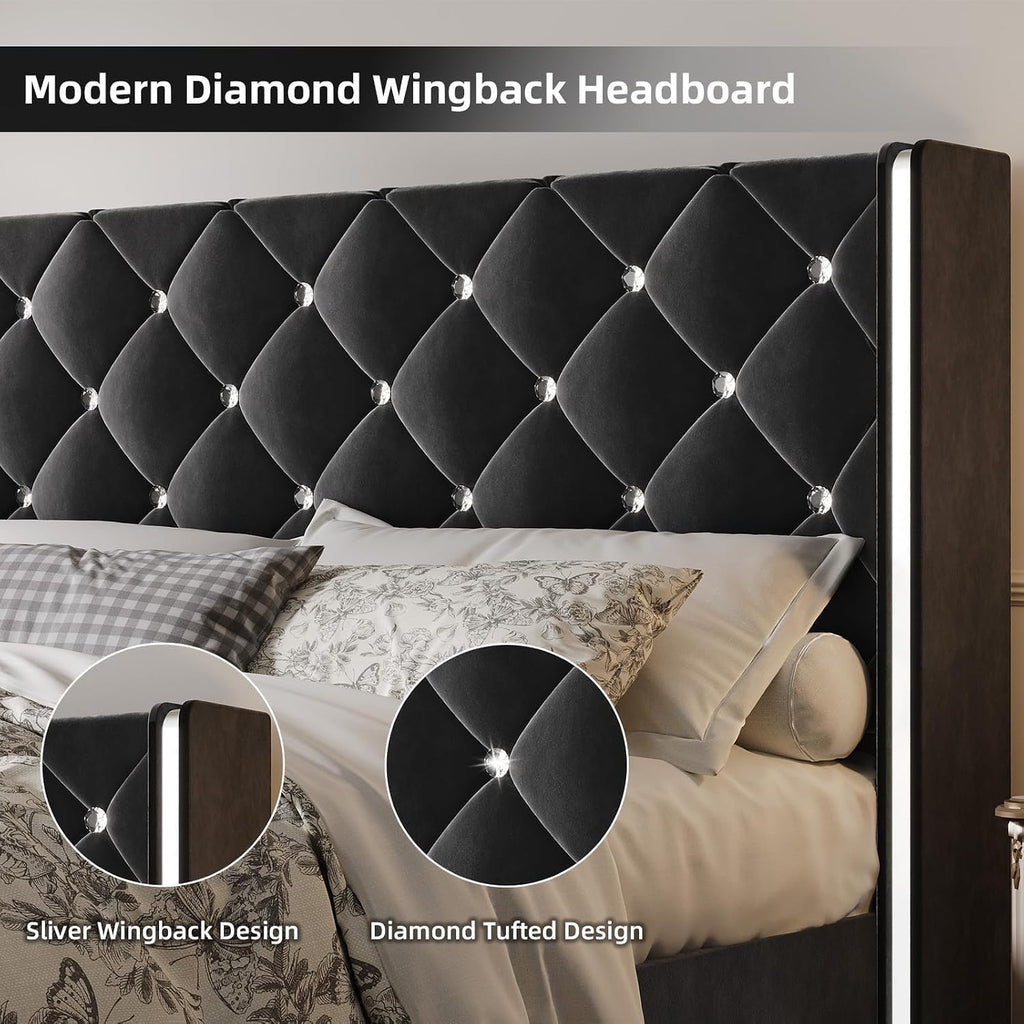 HOMBCK Full Size Bed Frame with Headboard, Velvet Upholstered Full Size Bed with Diamond Tufted Wingback Headboard, 800lbs Heavy Duty Support, Sliver Metal Edge Accents, No Box Spring Needed, Black
