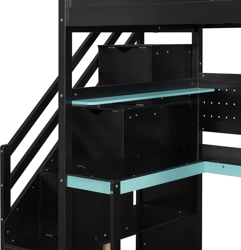 Ball & Cast Gaming Twin Size Loft Bed with Storage Stairs,Wood Gamer Loft Bed Frame W/Desk,Shelves and Pegboard,High Loft Bed W/Full-Length Guardrail,Bedroom Furniture for Student Dorms,Black+Blue
