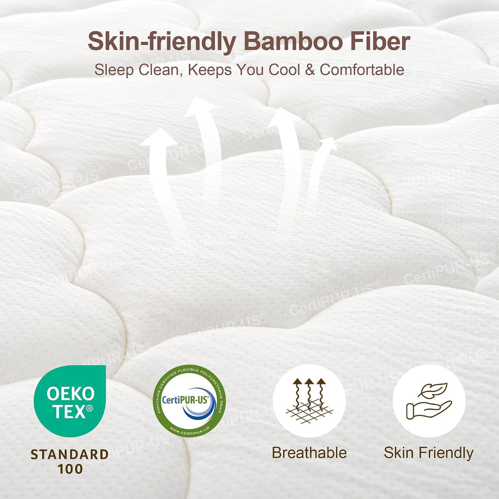 Dolonm Full Size Bamboo Bed Frame with 12' Mattress-Medium Hybrid Firm, Bed Frame and Mattress Set, Bamboo Mattress Topper, Pressure Relief, Motion Isolation（Walnut
