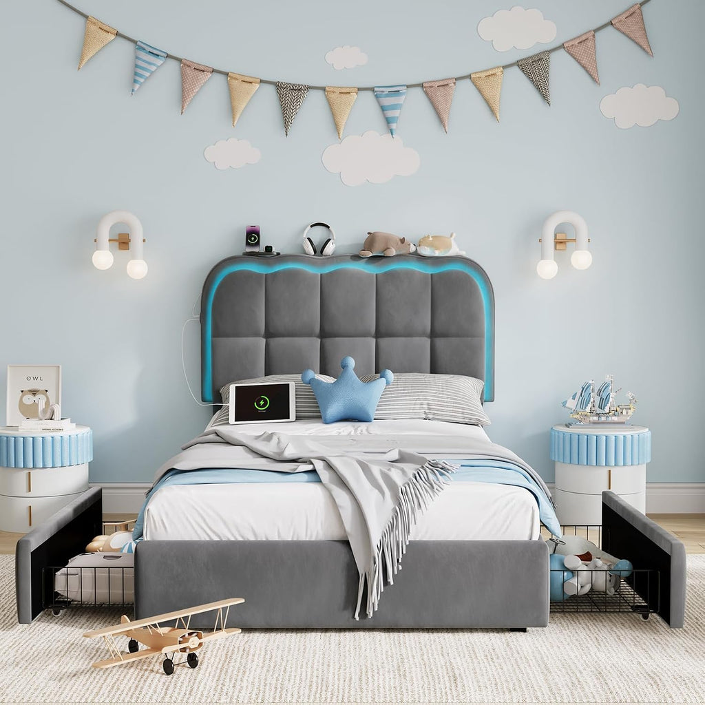 CypBed Twin Bed Frame with Storage Drawers and Headboard, Upholstered LED Twin Size Platform Bed Frame for Kids – Sturdy Metal Bed Frame Twin with Wood Slats Support, No Box Spring Needed, Grey
