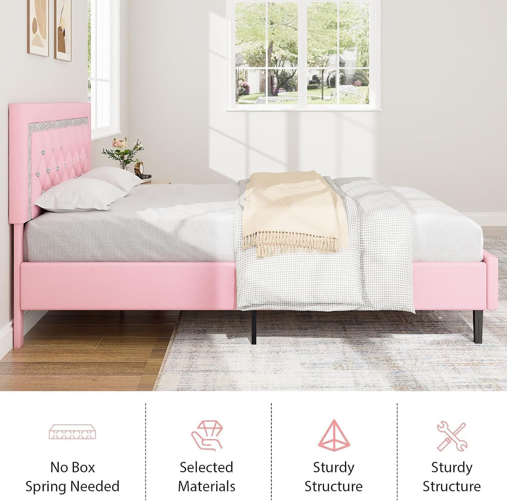 BarnFurin Full Size Bed Frame with Tufted Button Headboard, Upholstered Platform Bed Frame with Diamond Design, Wood Slat Support, No Box Spring Needed, Easy Assembly, Pink