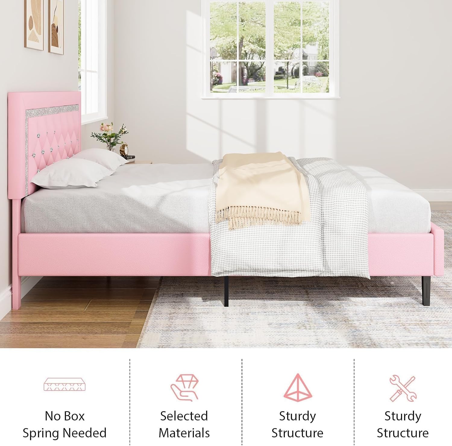 BarnFurin Queen Bed Frame with Tufted Button Headboard, Upholstered Platform Bed Frame with Diamond Design, Wood Slat Support, No Box Spring Needed, Easy Assembly, Pink