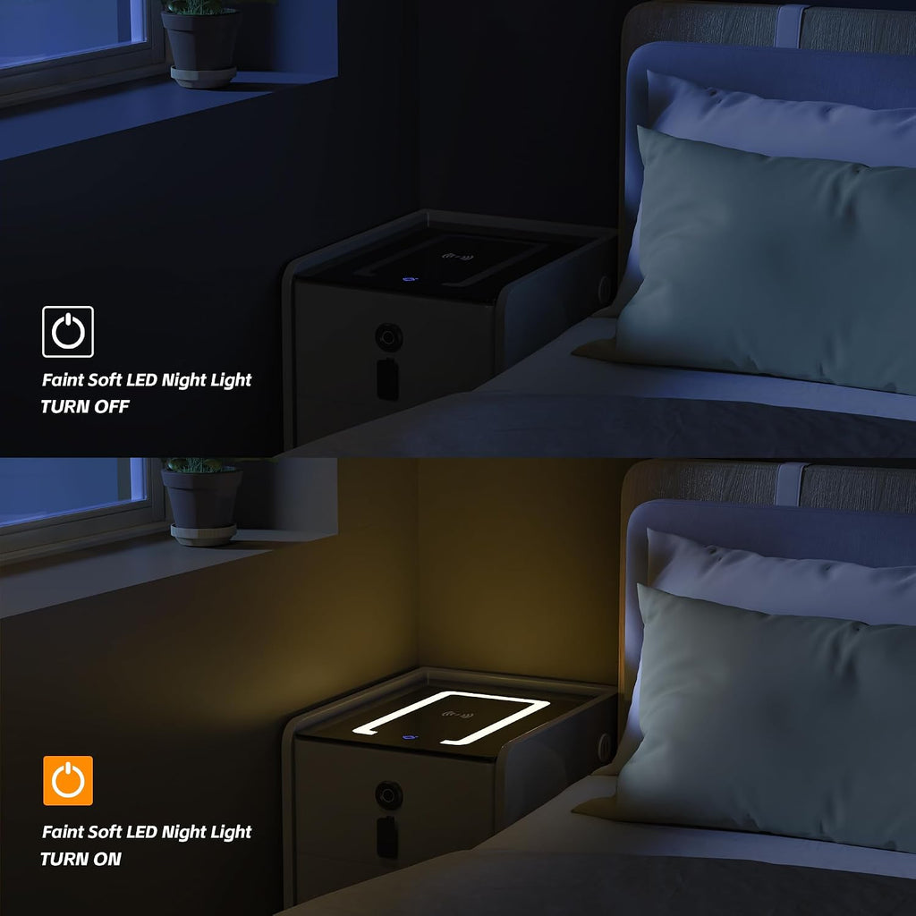 Grey Night Stand with Wireless Charging Station, Nightstand with 2 Drawers, Smart Bedside Table with 3 Lighting and Bluetooth Speaker, Modern LED Lighted Nightstand for Bedroom