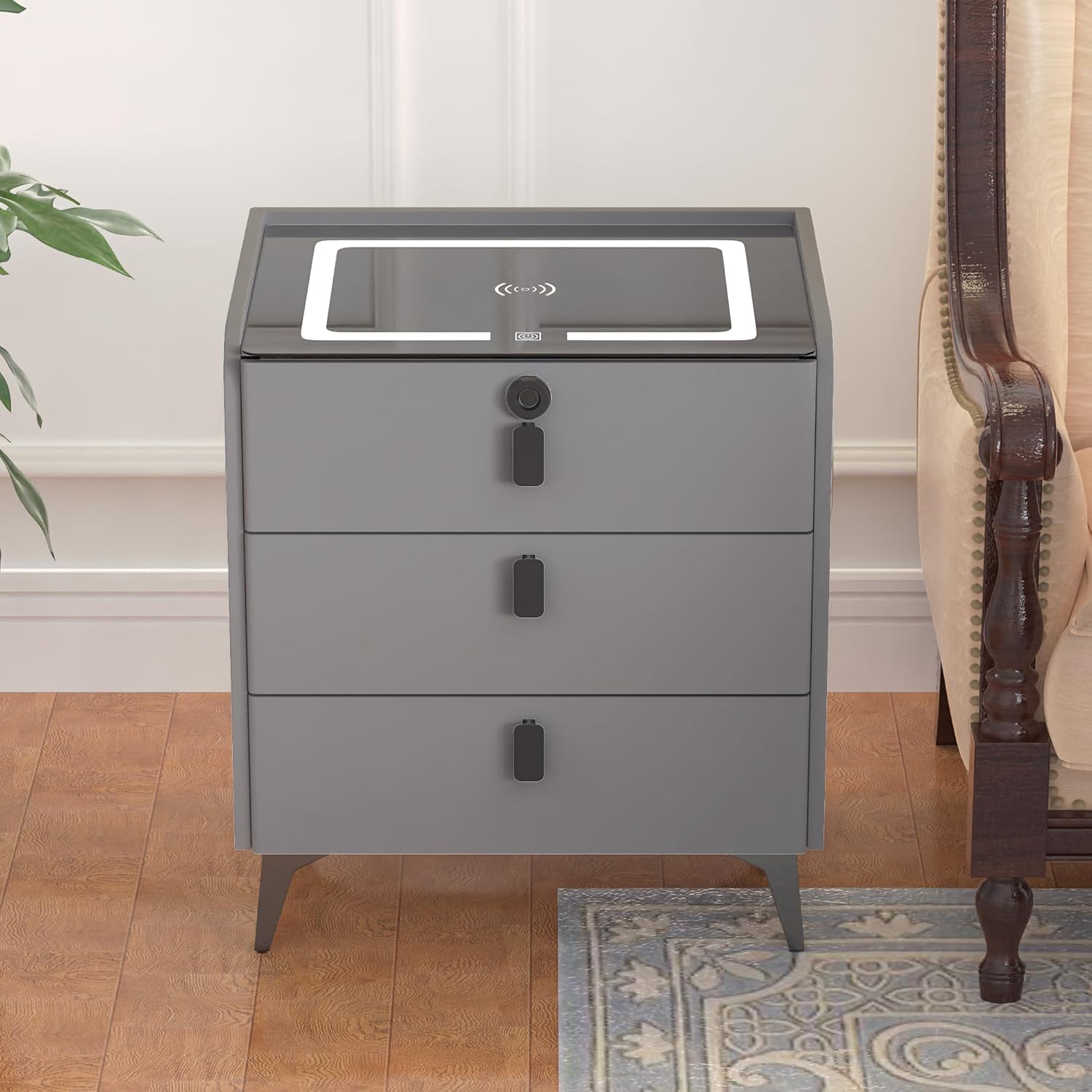LED Nightstand with Fingerprint Lock, Modern Night Stand with Quiet Gun Drawers and Type C USB Ports, Wireless Charging Station, Storage End Table, Large Bedside Table for Dorm Bedroom, Grey