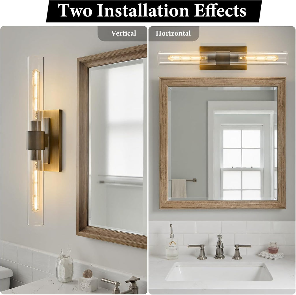 Linear Brass Bathroom Wall Sconce - Luxury Antique Brushed Gold Sconces Set of 2 - Dimmable Vanity Lights Fixture with Clear Glass Tube - Modern Lighting for Bedroom Living Room Hallway Indoor Decor