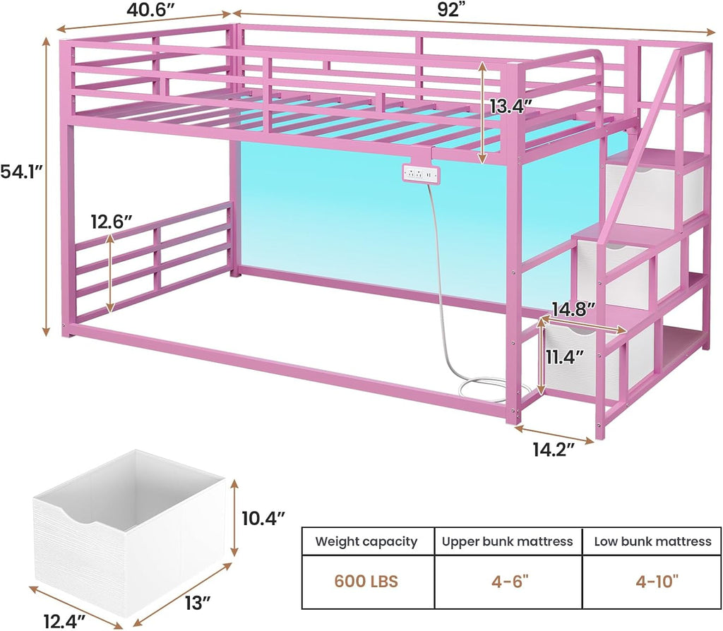 ADORNEVE Low Bunk Bed Twin Over Twin with Storage Stairs, Drawers & Shelves, RGB LED Lights Metal Floor Bunk with Power Outlet, Full-Length Guardrail & Metal Slats, for Small Space, Kids, Pink
