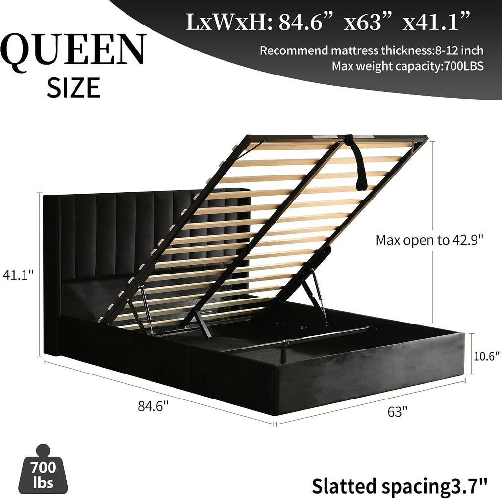 YUHUASHI Queen Size Hydraulic Storage Bed, Upholstered Platform Bed Frame, Modern Wingback Design Headboard, Velvet Fabric with Hydraulic Support Bars, No Box Spring Required (Black, Queen)