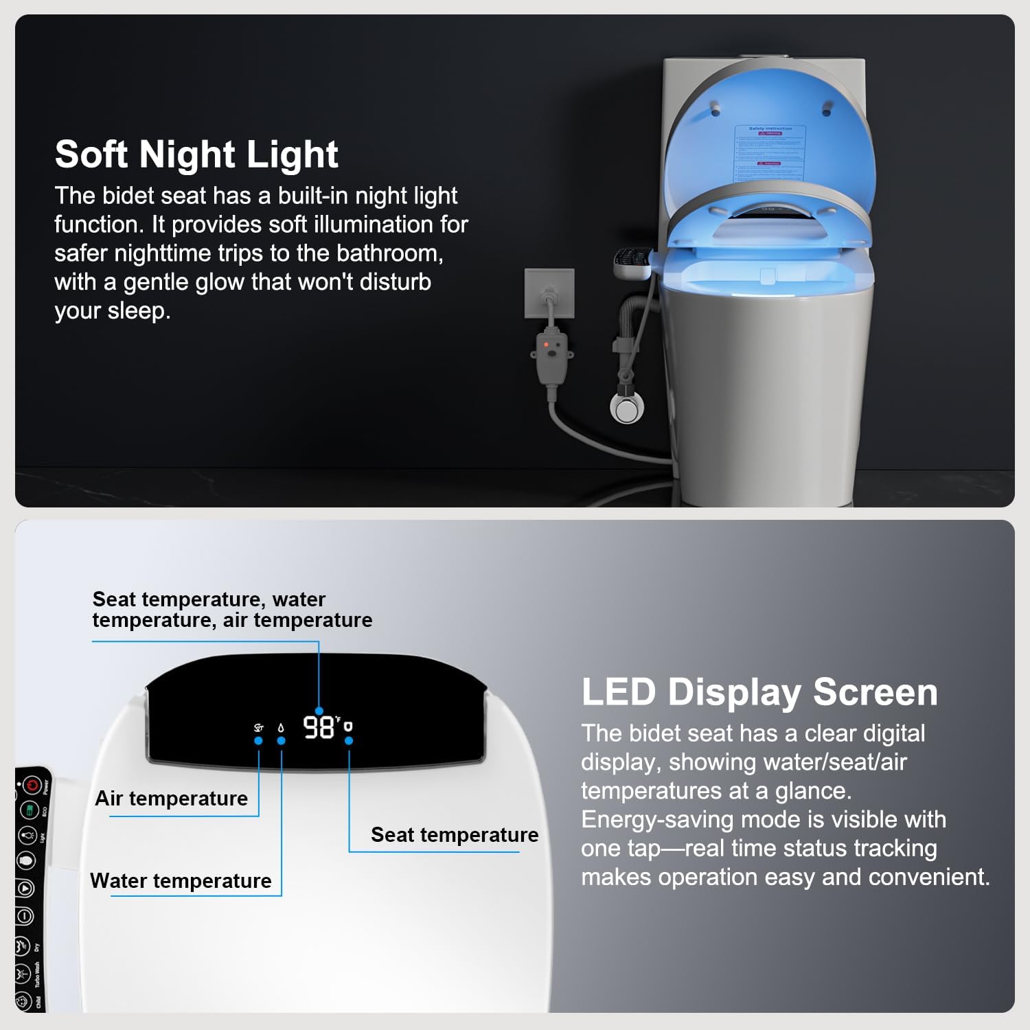 Electric Heated Bidet Toilet Seat with Warm Air Dryer, Toilet Seat with LED Display and Multiple Cleaning Modes (Elongated-White)