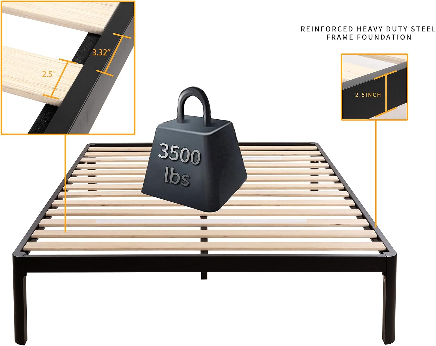 MAF Metal 18 Inch Full Size Platform Bed Frame with Anti-Collision Round Legs, Black 3500 Lbs Heavy Duty Bed Frame with Wood Slats, No Box Spring Needed, Easy Assembly
