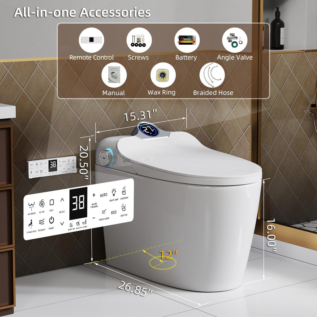Smart Toilet with Bidet Built, Auto Open & Close, Auto Flush, Warm water massage, Heated Seat,Movement Drying, Night Light, Wireless Remote Control, Modern Tankless Elongated Toilet.