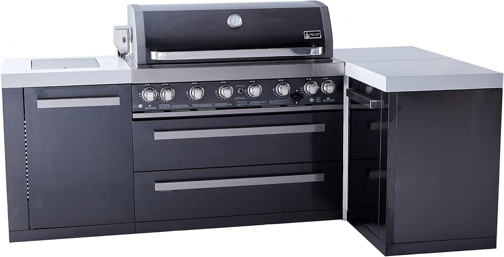 Mont Alpi Premium 94'W x 50'D Black Stainless Steel L-shaped Modular Outdoor Kitchen Island + Infrared Side & Rear Burner + 44'W 6-Burner BBQ Grill + Granite Countertops + Storage Cabinets & Drawers