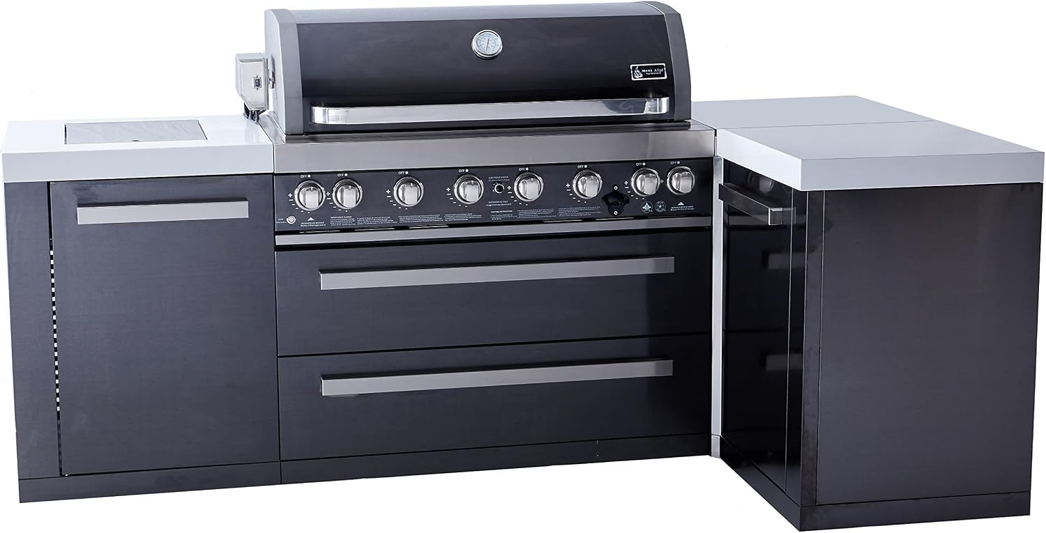 Mont Alpi Premium 94'W x 50'D Black Stainless Steel L-shaped Modular Outdoor Kitchen Island + Infrared Side & Rear Burner + 44'W 6-Burner BBQ Grill + Granite Countertops + Storage Cabinets & Drawers