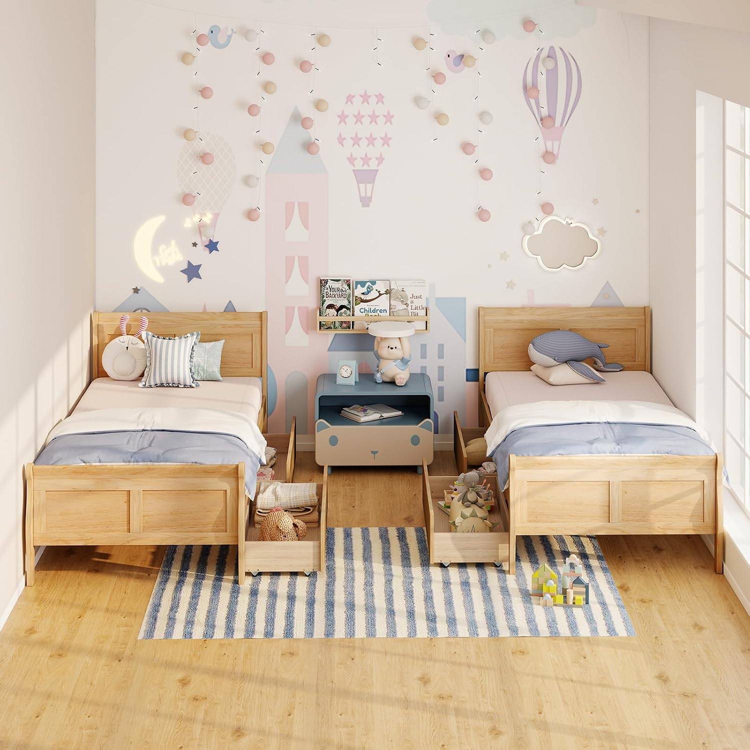 KOMFOTT Twin Bed with 2 Drawers, Twin Storage Bed with Headboard & Footboard, Sleigh Wood Bed Frame with Wooden Slats Support for Kids, Teens, Adults, No Box Spring Needed (Natural)