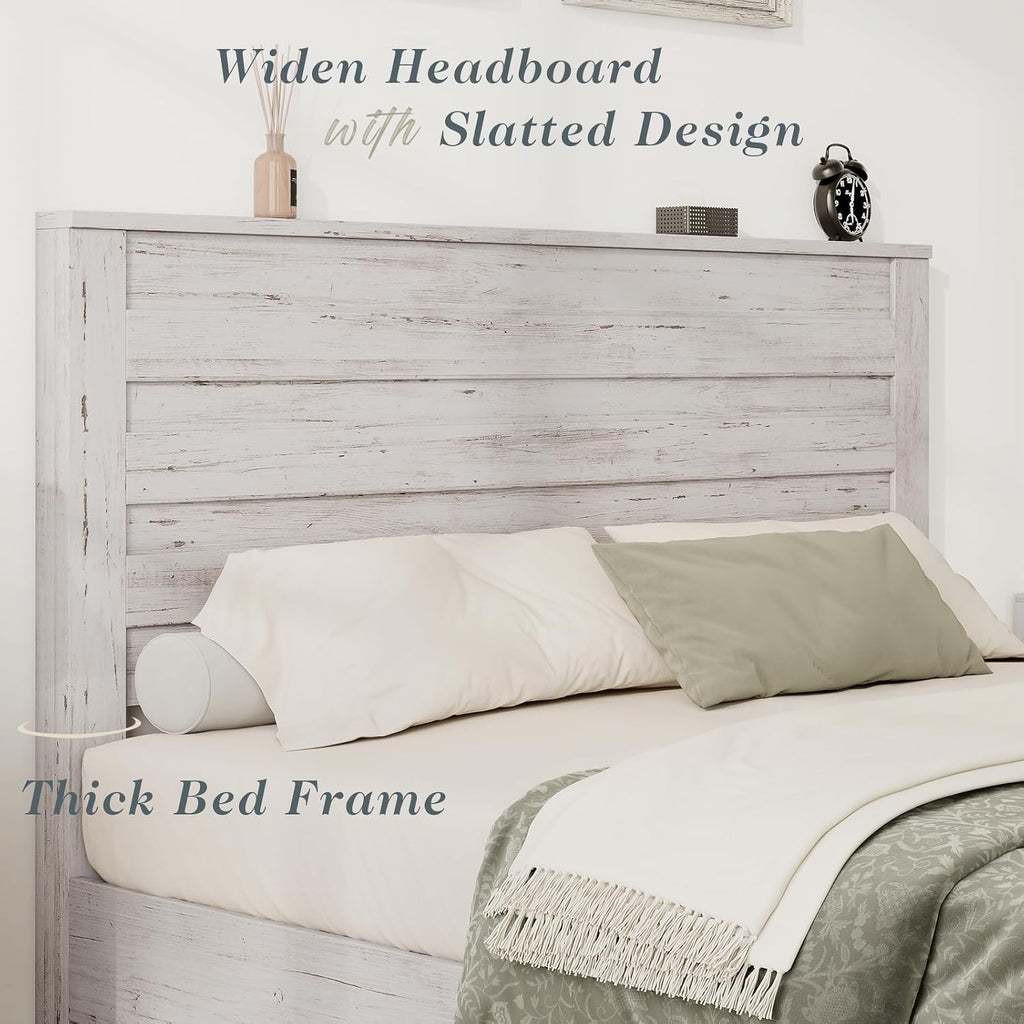 Albott Farmhouse Queen Size Bed Frame with 49' Slatted Headboard, Platform Bed with Wood Slat Support/No Box Spring Needed/Easy Assembly, Distressed White