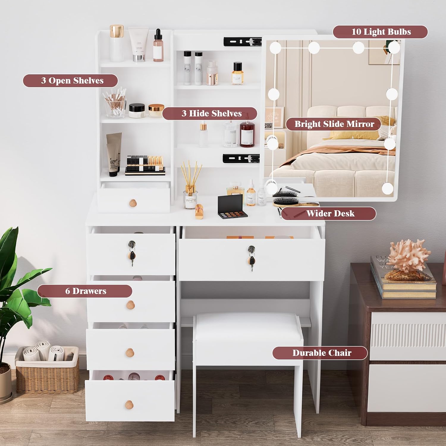 Makeup Vanity Desk with Mirror and Lights, Makeup Vanity Table and Chair Set, Makeup Desk with 6 Drawers & Storage Shelves, 3 Color Modes Adjustable, Vanity Set with Mirror, Dressing Table for Bedroom
