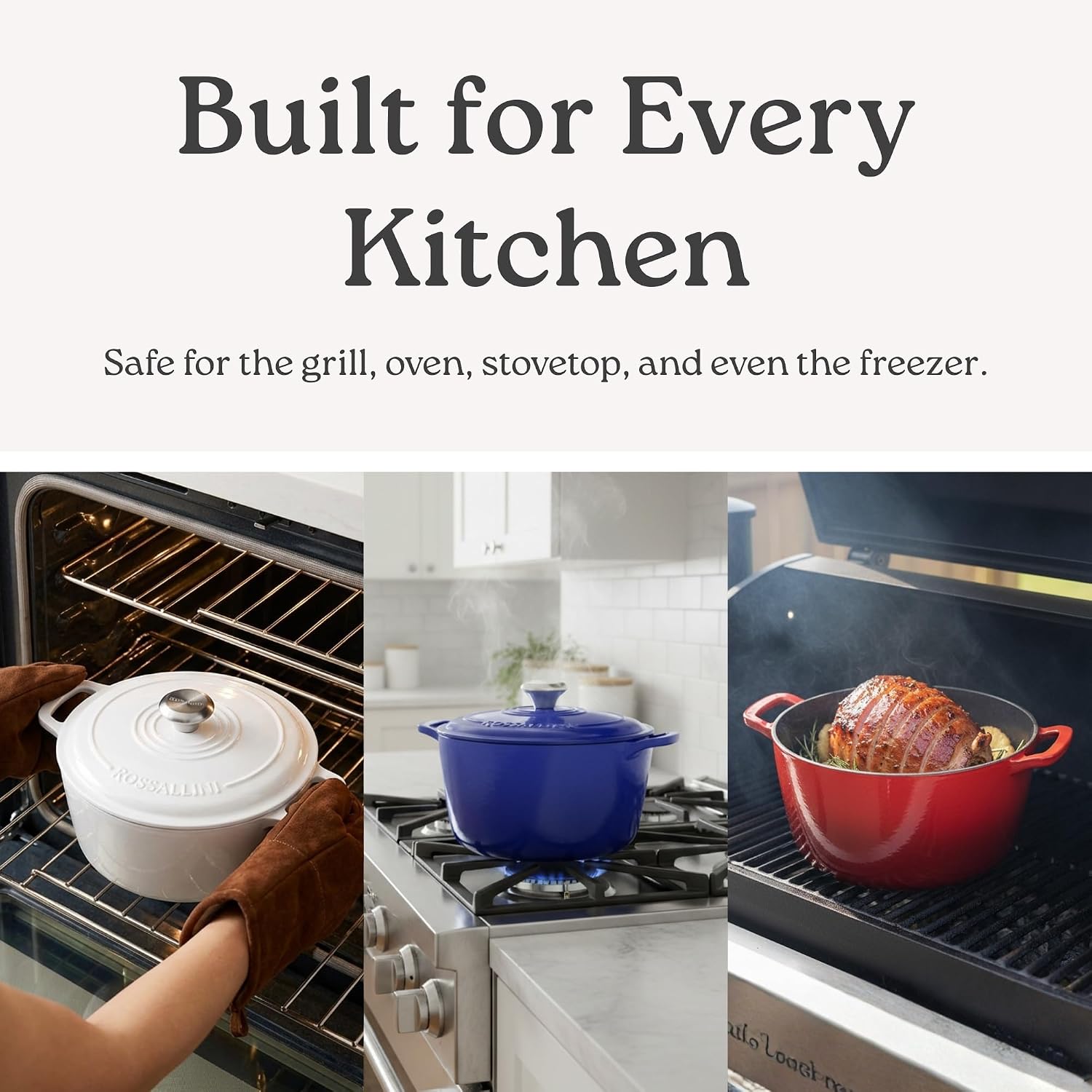 ROSSALLINI Signature Enameled Cast Iron Dutch Oven, Non-Stick Serving Pot with Tight Fitting Lid for Perfect Roasting, Baking, Sauteing, and Bread Making | 4.5Q (4.2L) - White