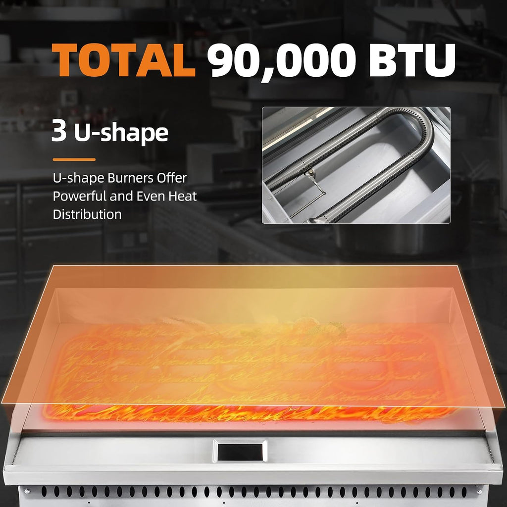 36' Commercial Countertop Griddle, 3 Burners Gas Griddle, 90000 BTU Output, Stainless Steel Flat Top Grill Hot Plate with Natural Gas and Propane Conversion Kit for Restaurant,Food Truck