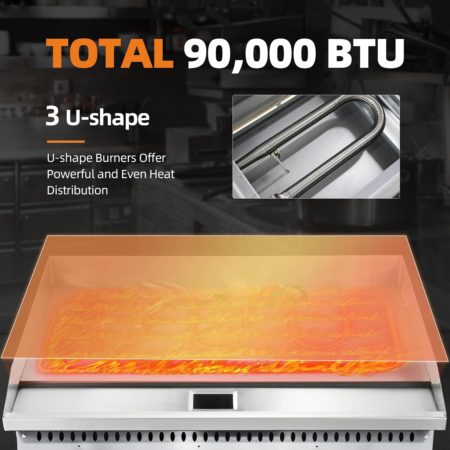 36' Commercial Countertop Griddle, 3 Burners Gas Griddle, 90000 BTU Output, Stainless Steel Flat Top Grill Hot Plate with Natural Gas and Propane Conversion Kit for Restaurant,Food Truck