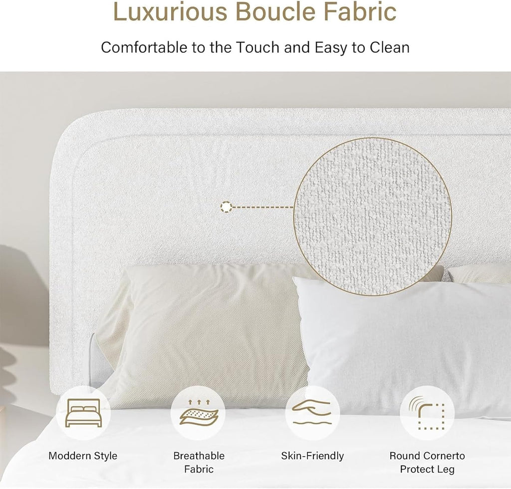 BarnFurin Boucle Upholstered Bed Frame King Size/Cloud Bed Frame/Soft Rounded Corners Headboard/Low Profile/No Box Spring Needed/Non-Slip and Noise-Free/White