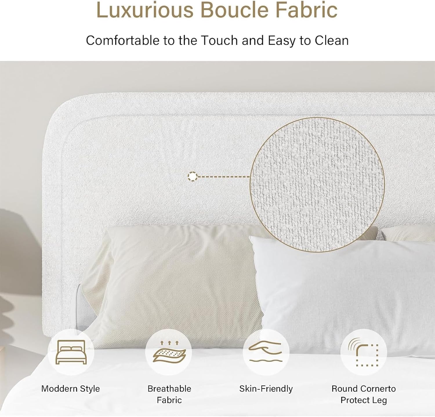 BarnFurin Boucle Upholstered Bed Frame King Size/Cloud Bed Frame/Soft Rounded Corners Headboard/Low Profile/No Box Spring Needed/Non-Slip and Noise-Free/White