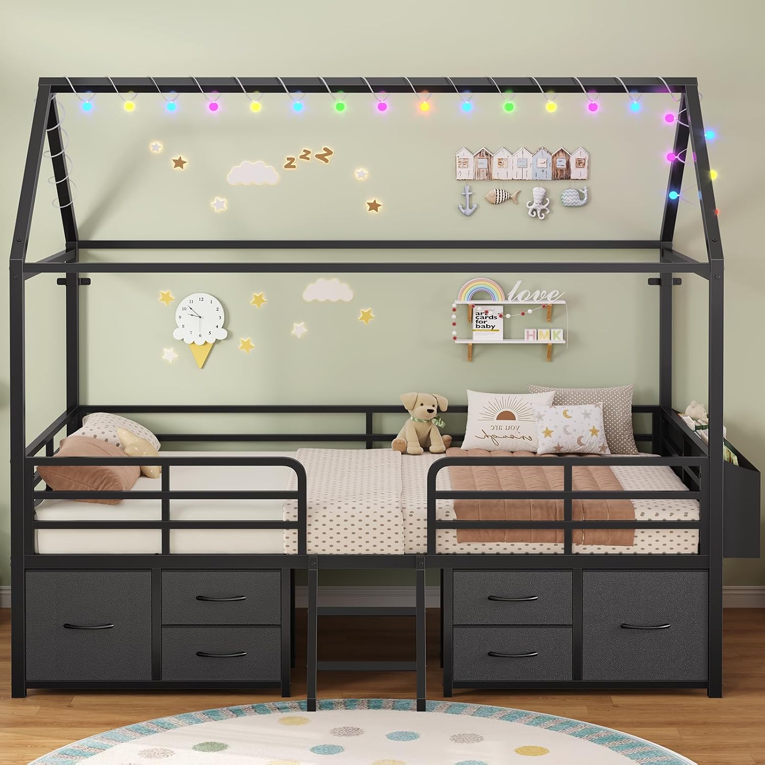 ADORNEVE Twin Size Bed Frame with 6 Drawers,House Bed with Globe String Lights Plug in,Metal Kids Bed with Safety Guardrail & Inclined Ladder,No Box Sping Needed,Black