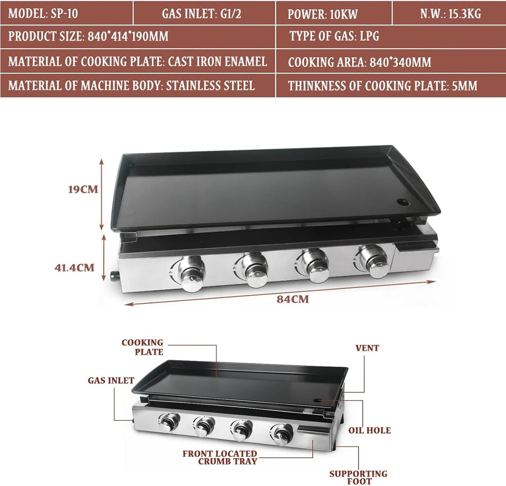 2/3/4 Burner Table Top Gas Grill Griddle, Burners Gas Griddle, Flat Top Grill for Outdoor Cooking While Party, Picnicking Or Camping,4Burner