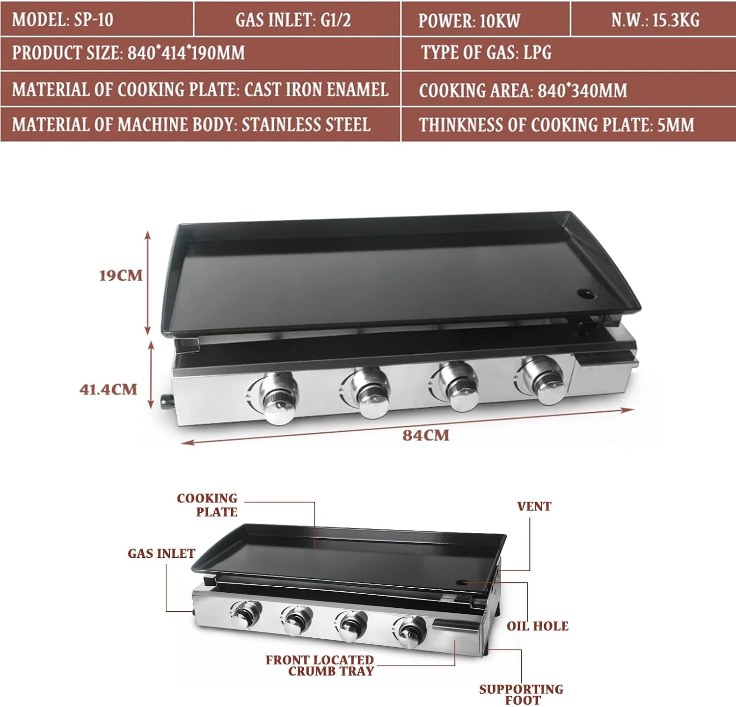 2/3/4 Burner Table Top Gas Grill Griddle, Burners Gas Griddle, Flat Top Grill for Outdoor Cooking While Party, Picnicking Or Camping,4Burner