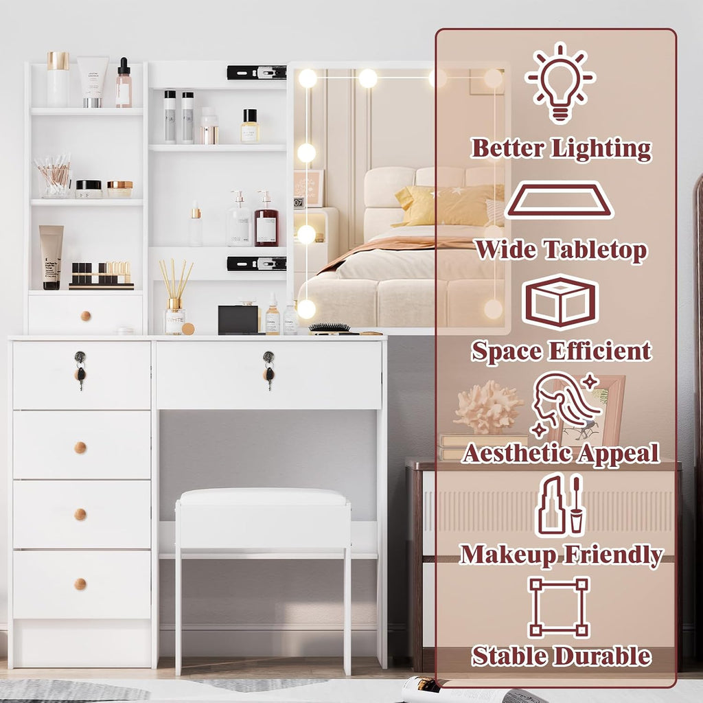 Makeup Vanity Desk with Mirror and Lights, Makeup Vanity Table and Chair Set, Makeup Desk with 6 Drawers & Storage Shelves, 3 Color Modes Adjustable, Vanity Set with Mirror, Dressing Table for Bedroom