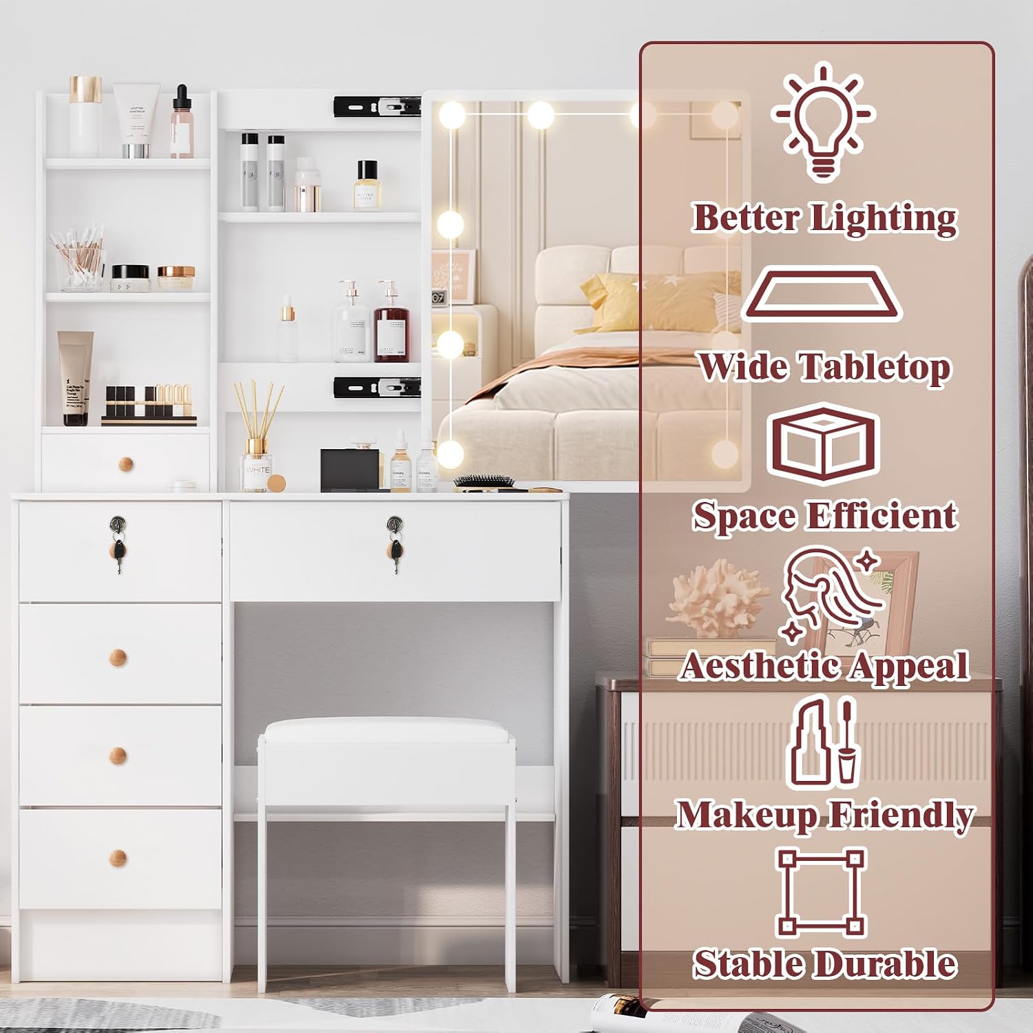Makeup Vanity Desk with Mirror and Lights, Makeup Vanity Table and Chair Set, Makeup Desk with 6 Drawers & Storage Shelves, 3 Color Modes Adjustable, Vanity Set with Mirror, Dressing Table for Bedroom