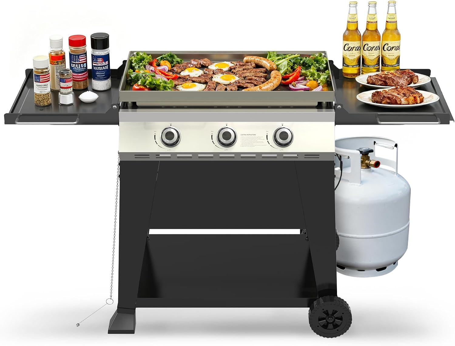 3 Burner Propane Grill with Rainproof Cover 28inch Outdoor Flat Top Griddle Foldable Side Table for Backyards Barbecue