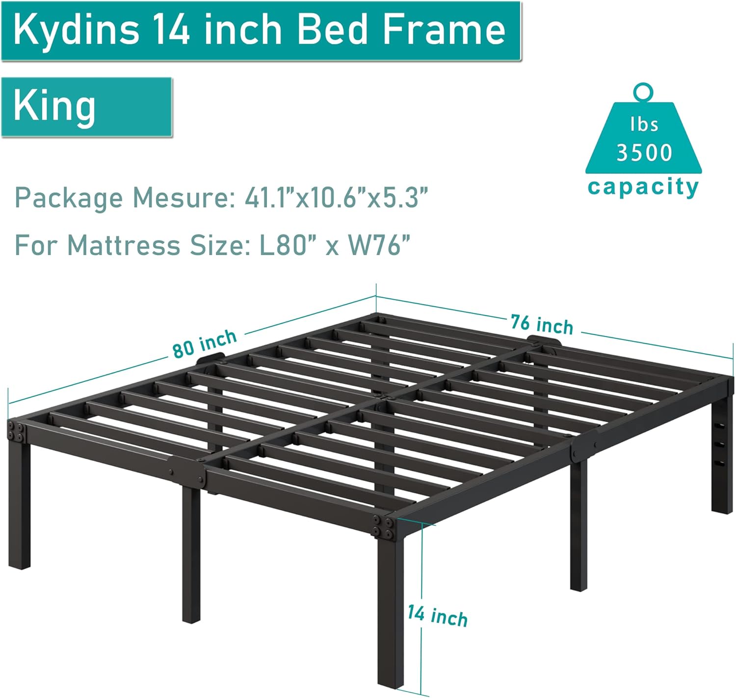 King Bed Frame and Headboard Holes with Storage No Box Spring Needed Black Metal Platform Heavy Duty Bed Frames Support up to 3500 Lbs Noise Free Easy Assembly Non-Slip Design 14 Inch