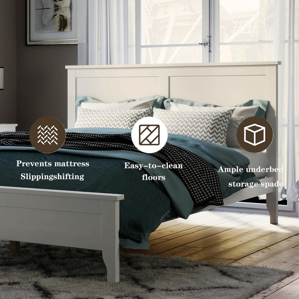 King Size Wood Bed Frame and Headboard, Modern Retro White Platform Beds Frames, Sturdy and Durable Design Rustic Wooden Bedroom Set, Easy Assembly, No Box Spring Needed (White, King)