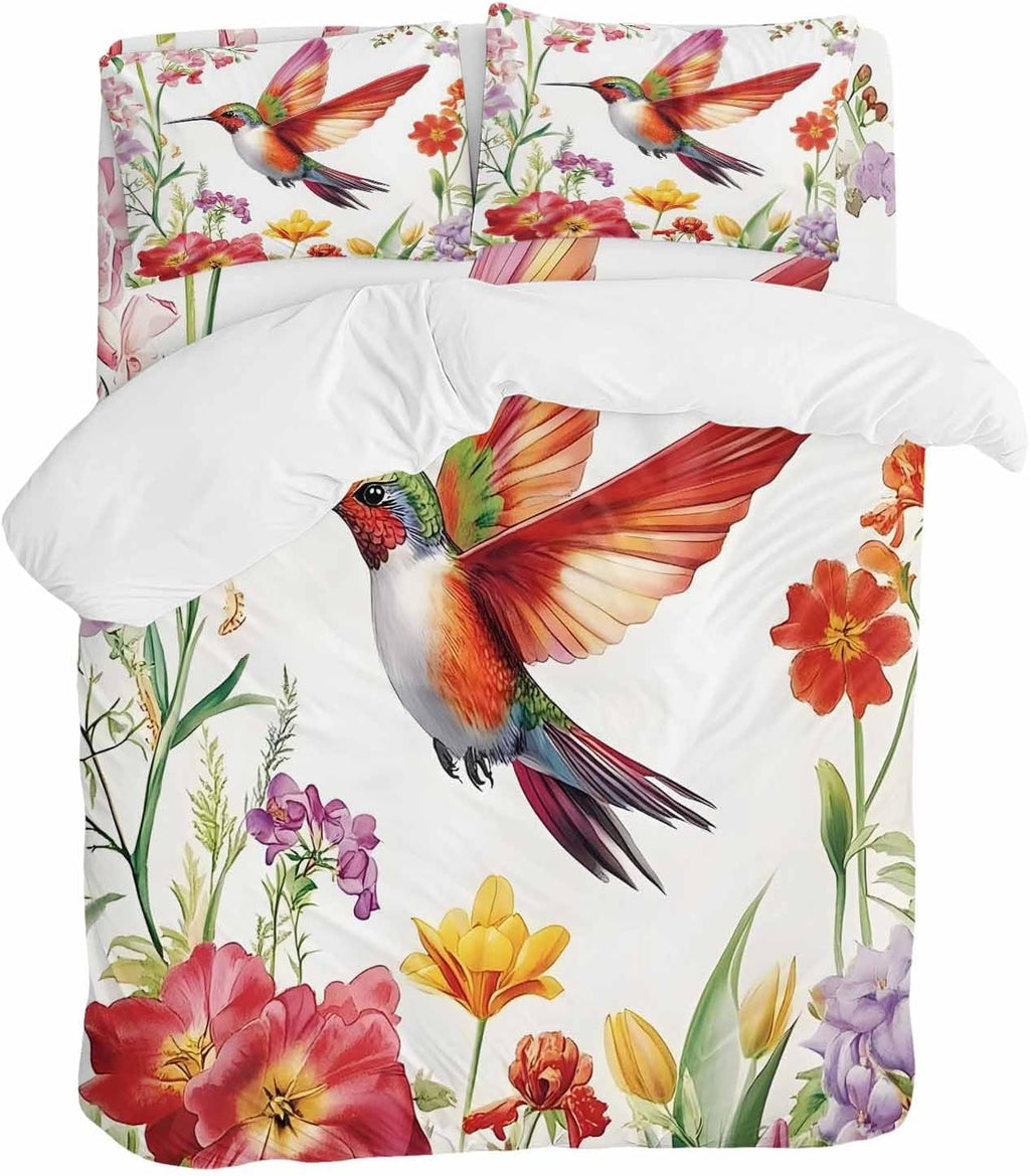 Retro Duvet Cover Set Queen Size 4 Pieces Hummingbird Colorful Floral Pastoral Spring Scenery Bedding Set with Zipper Closure, 1 Comforter Cover 90x92 Inches 1 Flat Sheet & 2 Pillow Cases
