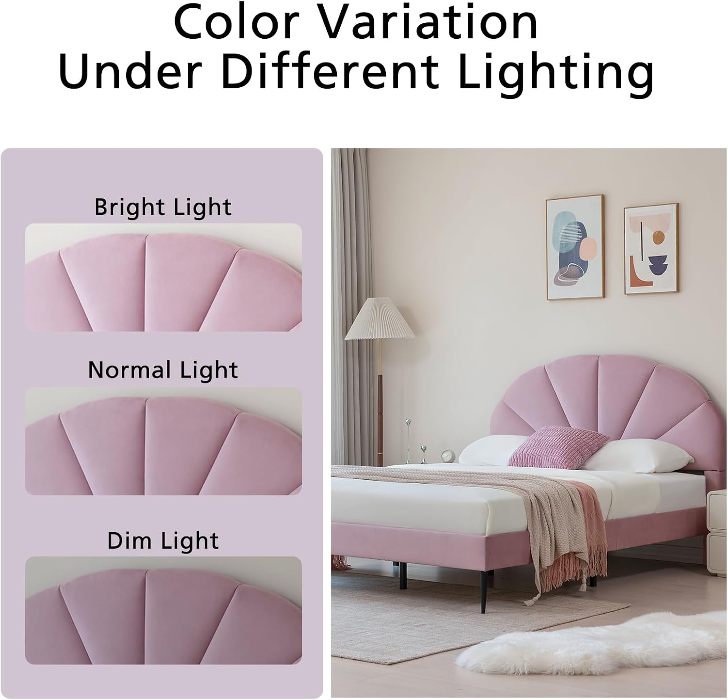 VELOCAVA Pink Bed Frame Queen Size, Heavy Duty Upholstered Bed with Unique Headboard, Soft Velvet Platform Bed with Strong Wooden Slats Support, No Box Spring Needed, Easy to Assemble