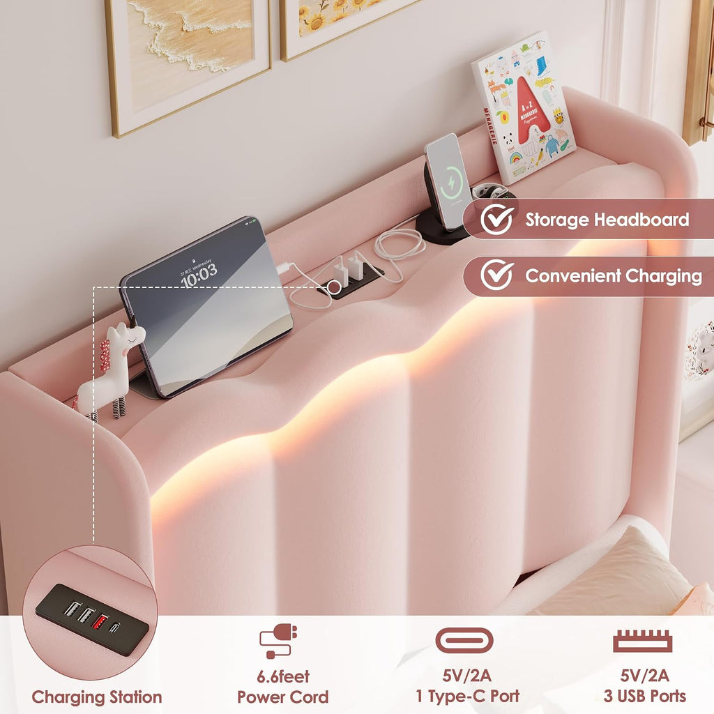 HIFIT 2 Set Upholstered Twin Size LED Bed Frame with Storage Drawer and Charging Station, Velvet Princess Twin Bed for Kids, Girls Bed with Double Wavy Wingback Headboard and Solid Frame, Pink