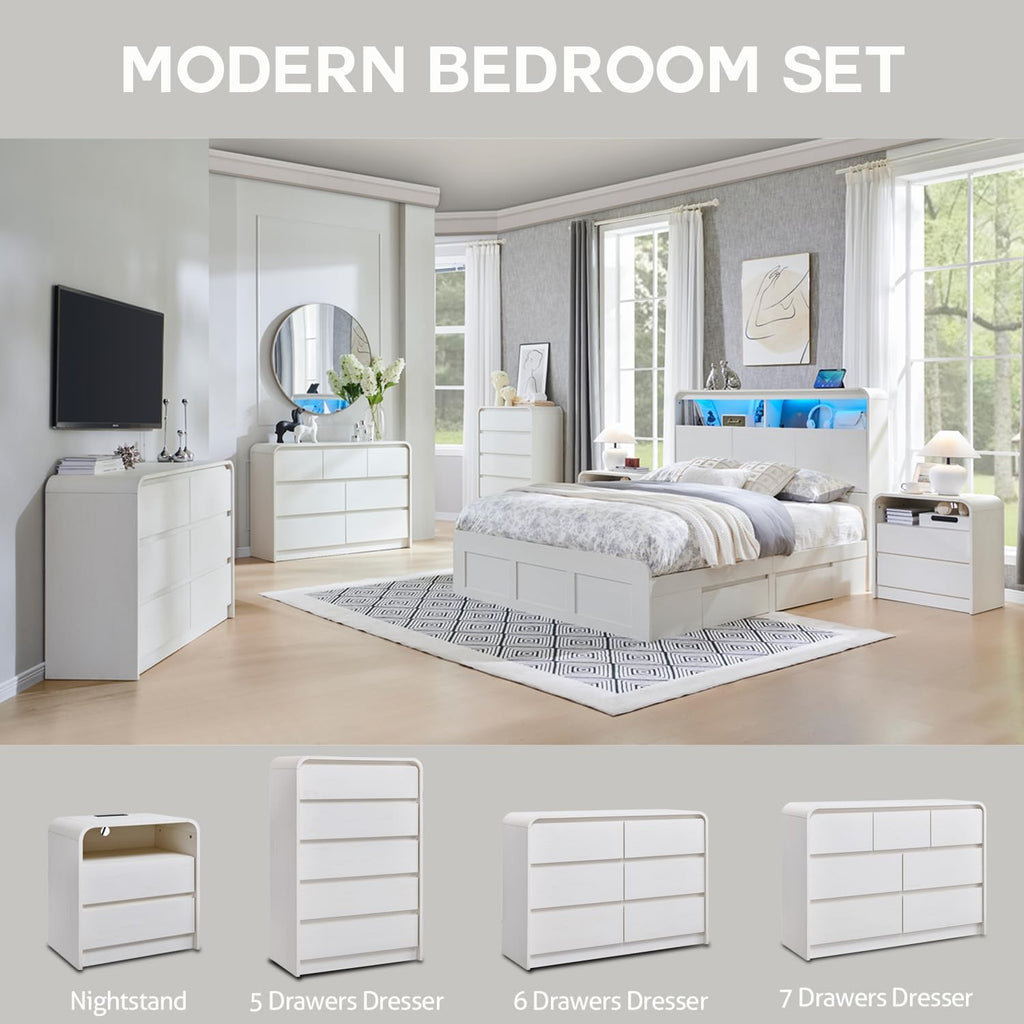 Aitjunz Modern 5 Drawers Dresser for Bedroom, 45' Tall Dressers & Chests of Drawers w/Curved Profile Design, Wood Mid Century Vertical Dresser w/Natural Texture for Bedroom, Living Room, Antique White