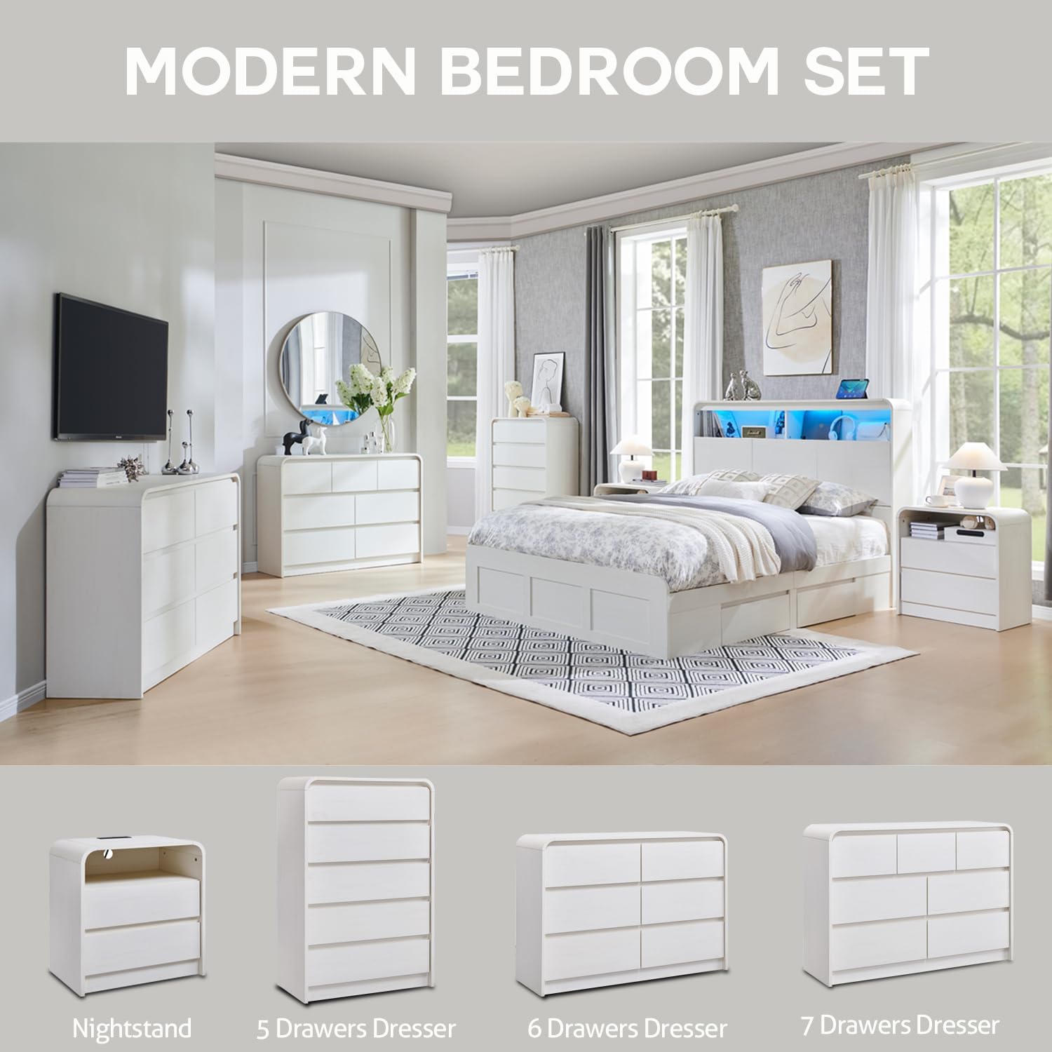 Aitjunz Modern 5 Drawers Dresser for Bedroom, 45' Tall Dressers & Chests of Drawers w/Curved Profile Design, Wood Mid Century Vertical Dresser w/Natural Texture for Bedroom, Living Room, Antique White