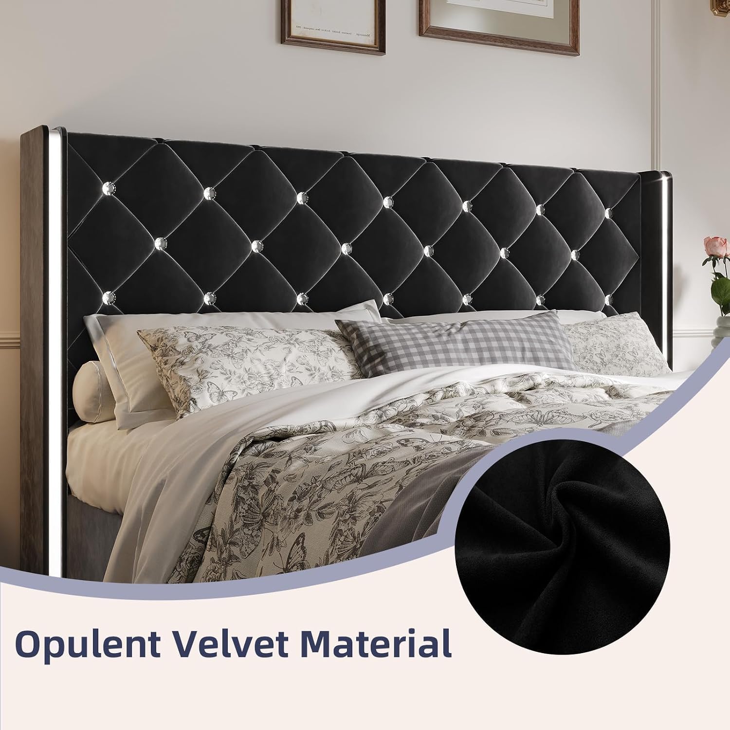 HOMBCK Full Size Bed Frame with Headboard, Velvet Upholstered Full Size Bed with Diamond Tufted Wingback Headboard, 800lbs Heavy Duty Support, Sliver Metal Edge Accents, No Box Spring Needed, Black