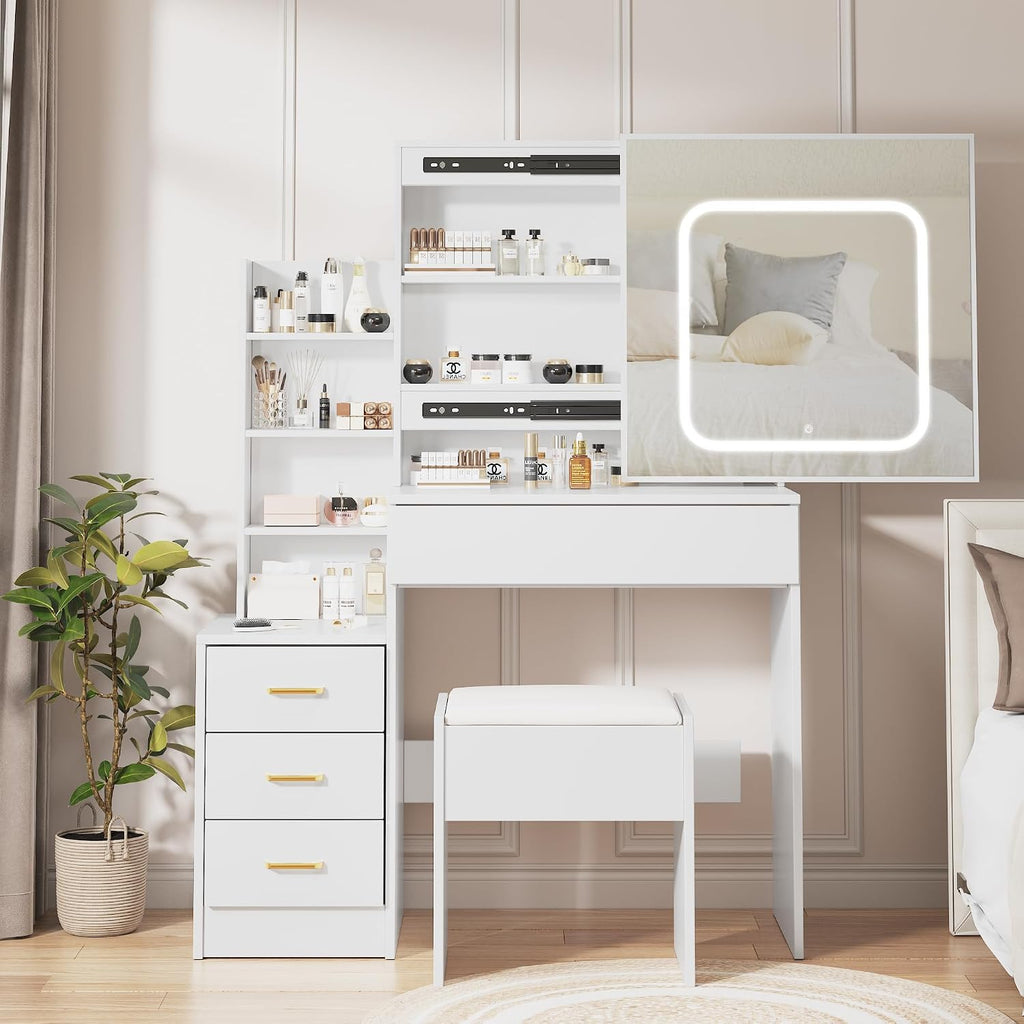 Vanity Desk With Mirror and LED Lights, Makeup Vanity Desk With Sliding Mirror, Power Outlet, 3 Color Adjustable Light, Dressing Table With 4 Drawers, Storage Shelves & Stool for Bedroom, White