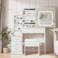 Vanity Desk With Mirror and LED Lights, Makeup Vanity Desk With Sliding Mirror, Power Outlet, 3 Color Adjustable Light, Dressing Table With 4 Drawers, Storage Shelves & Stool for Bedroom, White