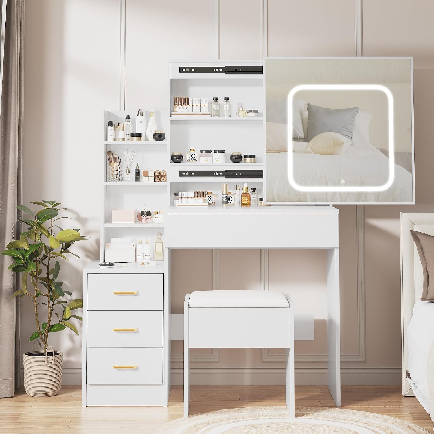 Vanity Desk With Mirror and LED Lights, Makeup Vanity Desk With Sliding Mirror, Power Outlet, 3 Color Adjustable Light, Dressing Table With 4 Drawers, Storage Shelves & Stool for Bedroom, White