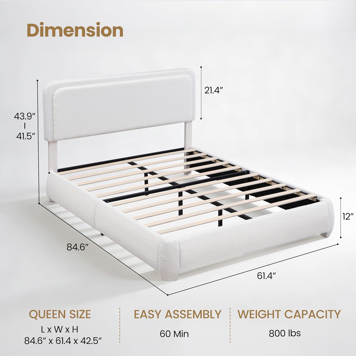 Queen Size Bed Frame with Adjustable Headboard, Modern Boucle Fabric Upholstered Platform Bed, Low to Floor, Anti-Collision Soft Rounded Corners, No Box Spring Needed, Easy Assembly for Bedroom，White