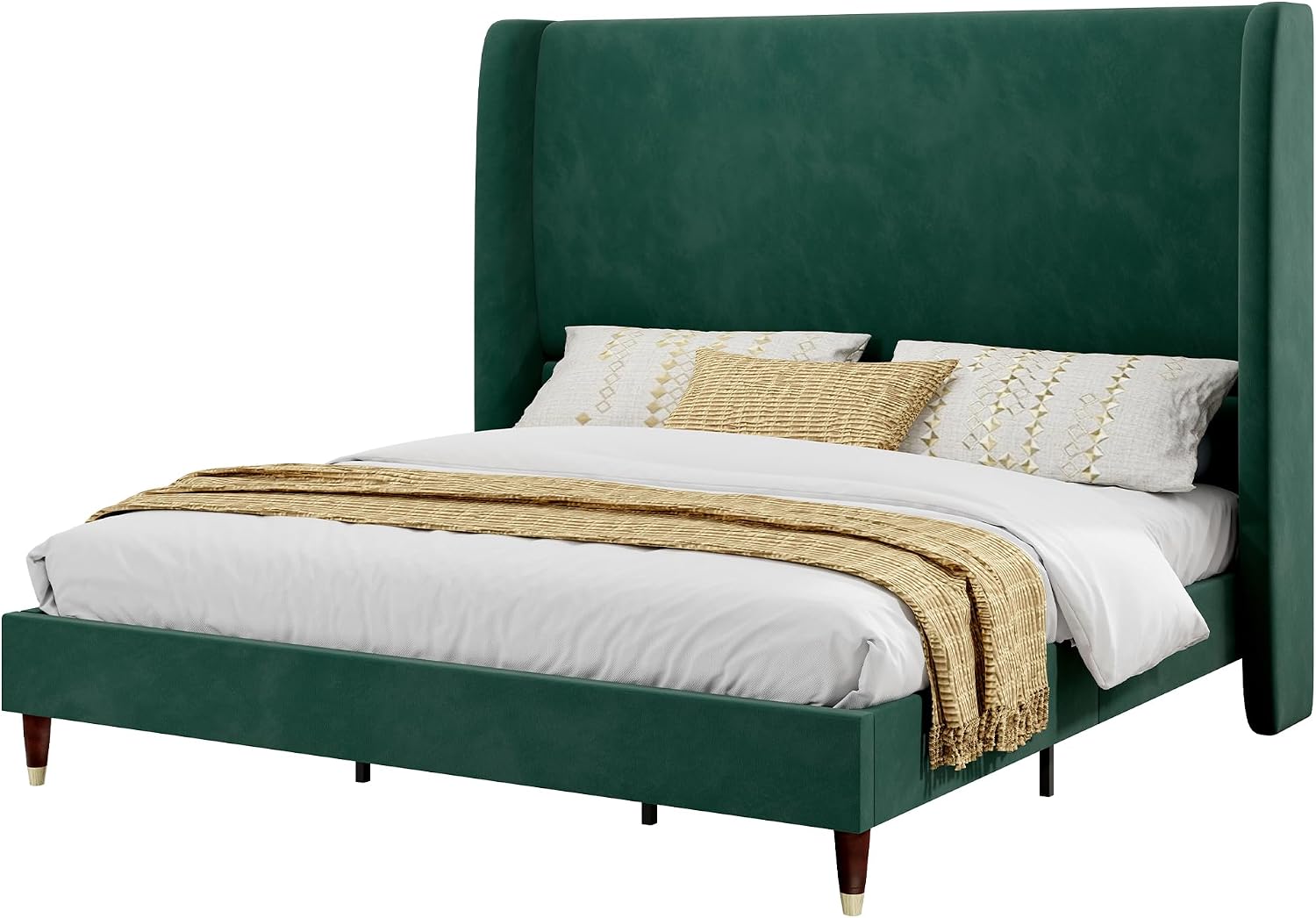 PaPaJet Queen Bed Frame with 51.2' Tall Wingback Headboard,Velvet Upholstered Platform Bed,Solid Wood Legs,No Box Spring Needed,Noise-Free&Easy Assembly,for Couples, Guest Room, Apartment,Green