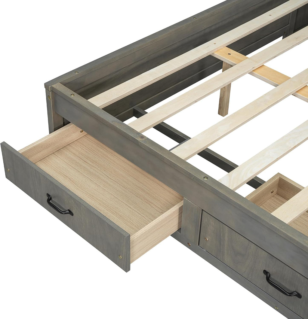 Wooden Daybed with 3 Storage Drawers, Upper Soft Board, Shelf, and a Set of Sockets and USB Ports, Full Size, Gray