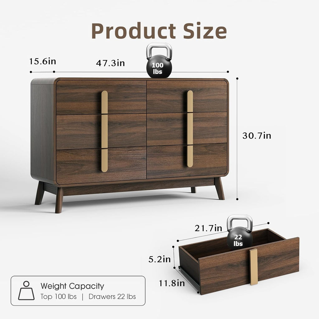 JOINICE Dresser for Bedroom with 6 Drawers,Mid Century Modern Dresser with Storage,47' Wide Chest of Drawers with Metal Handles,Large Wood Drawer Organizer for Bedroom,Living Room,Hallway,Walnut