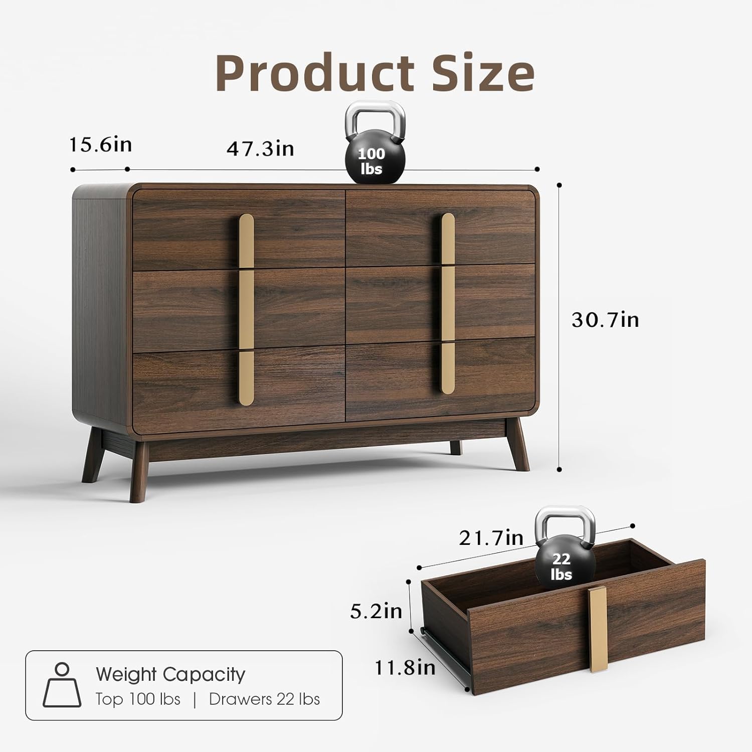JOINICE Dresser for Bedroom with 6 Drawers,Mid Century Modern Dresser with Storage,47' Wide Chest of Drawers with Metal Handles,Large Wood Drawer Organizer for Bedroom,Living Room,Hallway,Walnut